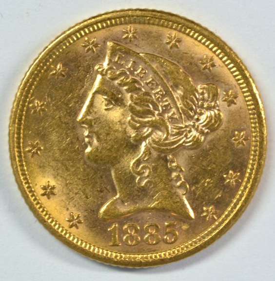 Fresh BU 1885 US $5 Liberty Gold Piece. Full strike