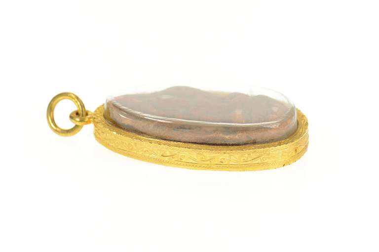 14K Yellow Gold Ornate Ancient Carved Stone Buddha Etched Pendant