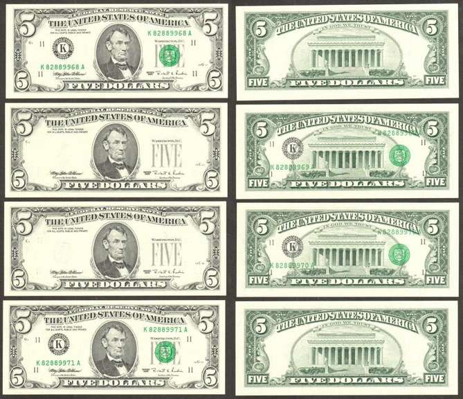 $5 1995 FRN Overprint on Back Error 4 Consecutive notes Gem Uncirculated