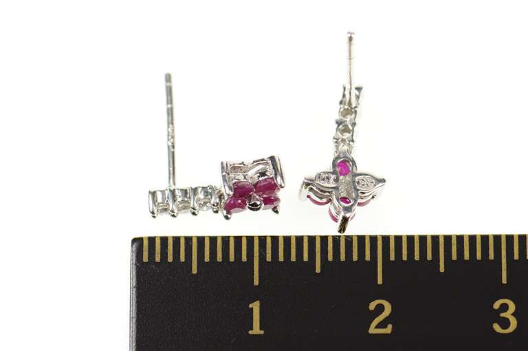 10K White Gold Ruby Flower Cluster Drop Diamond Earrings