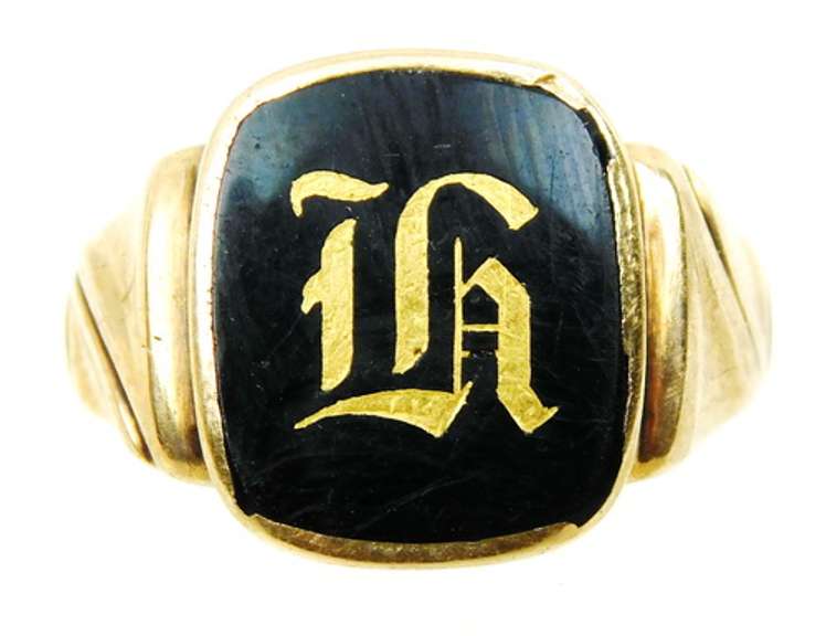 Men's Deco 10K Signet Ring, Initial H, Size 11.5