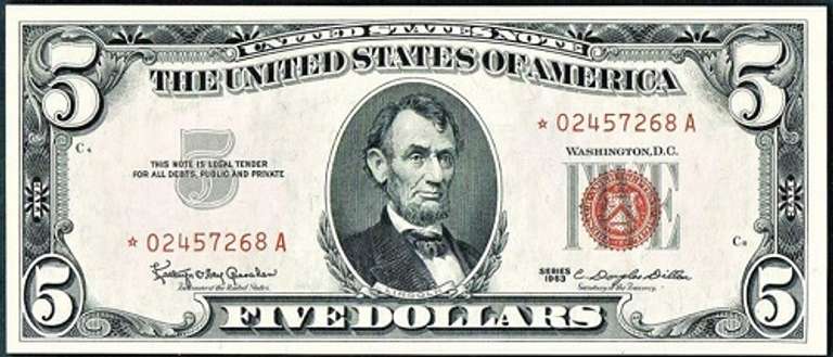 Gem Crisp++1963 $5 Dollar Star Replacement Red Seal Note!!