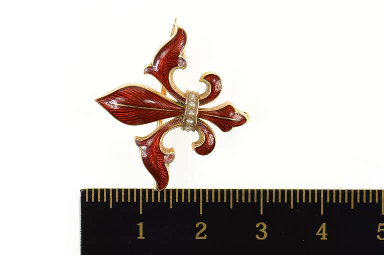 14K Yellow Gold Victorian Enamel Fleur De Lis Seed Pearl Pin/Brooch