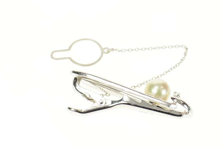 14K White Gold Retro Mikimoto Pearl Oval Geometric Diamond Tie Bar