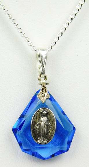 Vintage Faceted Glass & Sterling Miraculous Mary Necklace