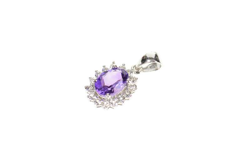10K White Gold Amethyst Oval Cubic Zirconia Halo Simple Pendant