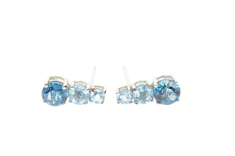 10K White Gold Tiered Round Blue Topaz Drop Stud Earrings
