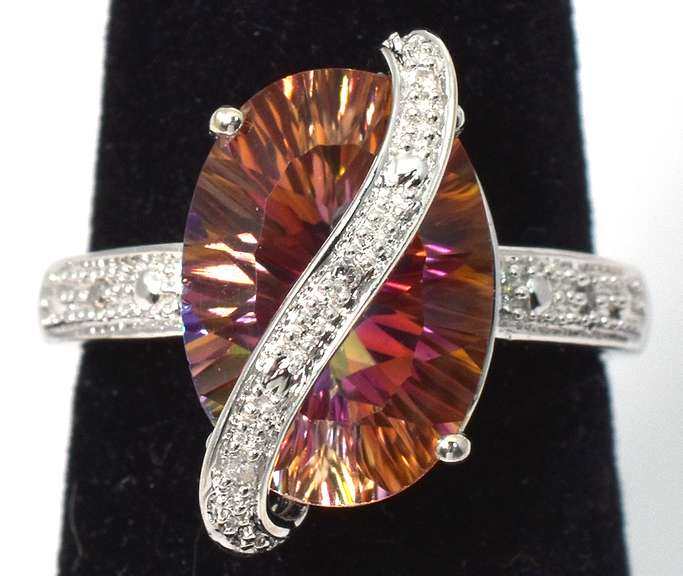 Stunning Mystic Pink Topaz with Diamond Chips in White Gold