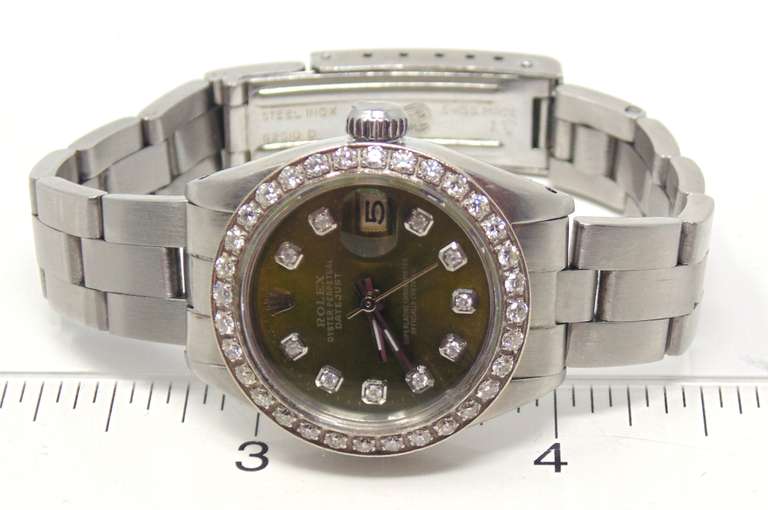Fantastic Steel Rolex Datejust with Green Diamond Dial and Bezel Ladies Watch