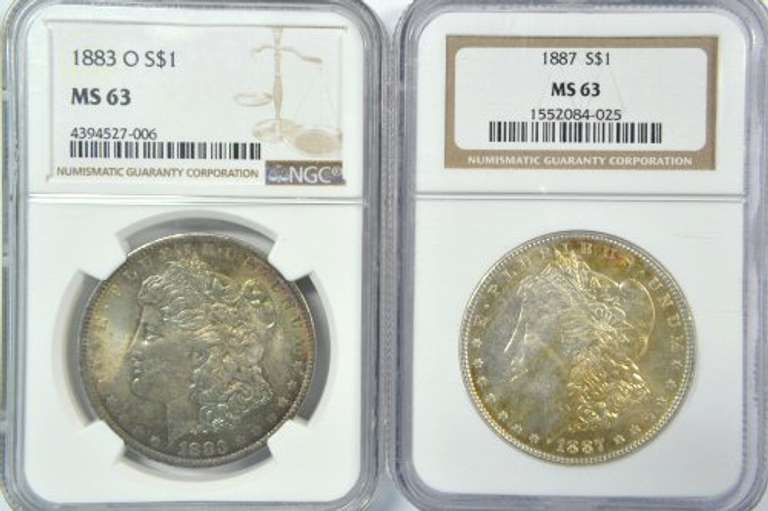 2 Colorful NGC MS63 1883-O & 1887 Morgan Silver Dollars