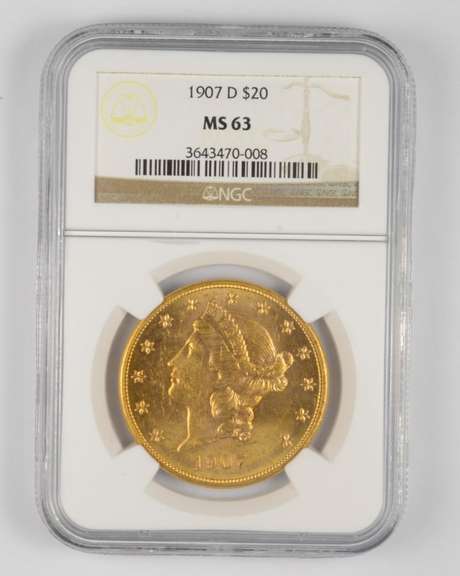 MS63 1907-D $20 Liberty Head Gold Double Eagle - Graded NGC