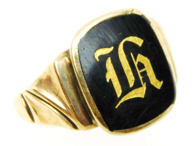Men's Deco 10K Signet Ring, Initial H, Size 11.5