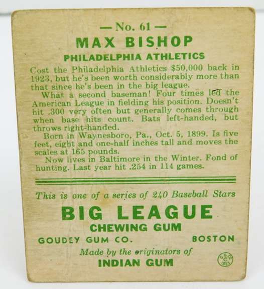 1933 Max Bishop, A's Goudey Gum Baseball Card