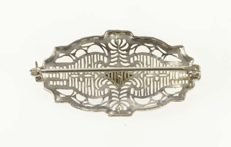 10K White Gold Diamond Inset Ornate Art Deco Filigree Pin/Brooch