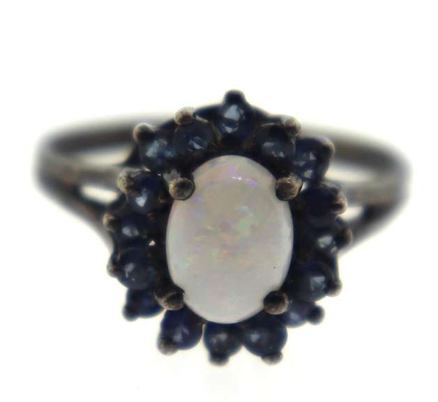 Sterling Silver opal with Blue Sapphire Ring