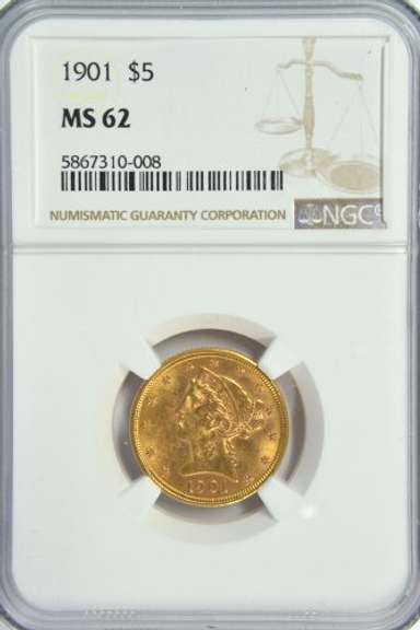 Super Choice BU 1901 $5 Liberty Gold Piece. NGC MS62