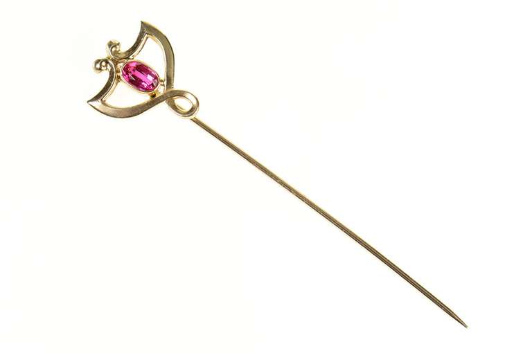 10K Yellow Gold Art Nouveau Oval Syn. Ruby Stick Pin