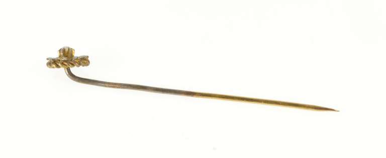 14K Yellow Gold Victorian Seed Pearl Blue Enamel Flower Stick Pin