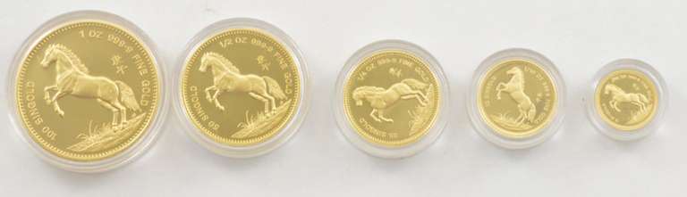 (5) 1990 Singapore Singold Horse Pf Set 1/20 Oz to 1 Oz .999 Fine Gold