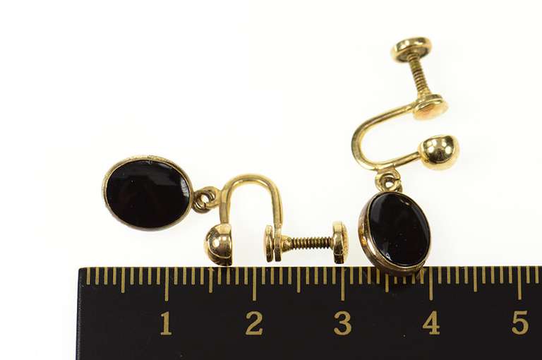 Gold Filled Retro Oval Black Onyx Dangle Screw Back Earrings