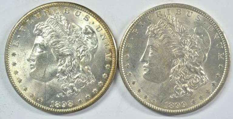 Frosty BU 1898-O and 1899-O Morgan Silver Dollars