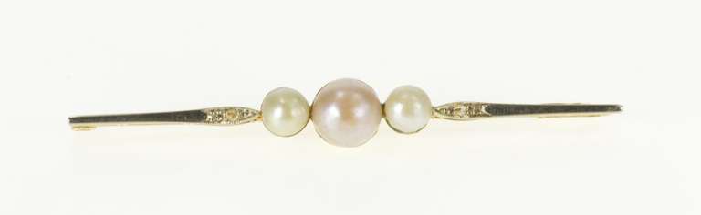 14K Yellow Gold Pearl Diamond Accent Ornate Retro Bar Pin/Brooch
