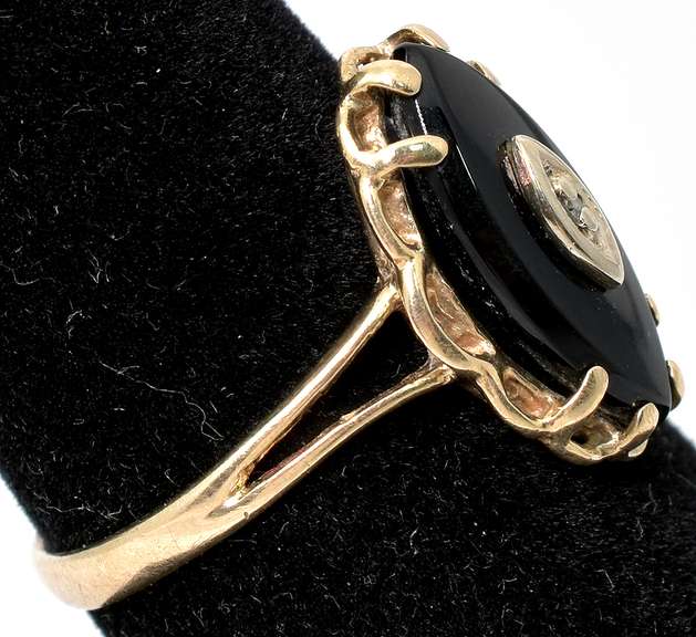 Vintage Gothic Onyx & Diamond Ring in Yellow Gold