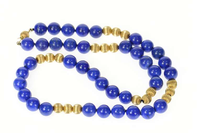 14K Yellow Gold Lapis Lazuli Beaded Strand Statement Necklace