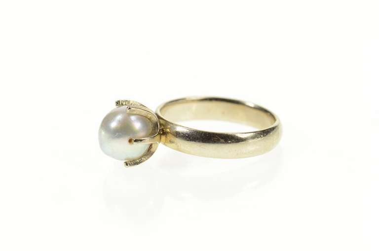 14K White Gold Retro Light Blue Pearl Prong Statement Ring