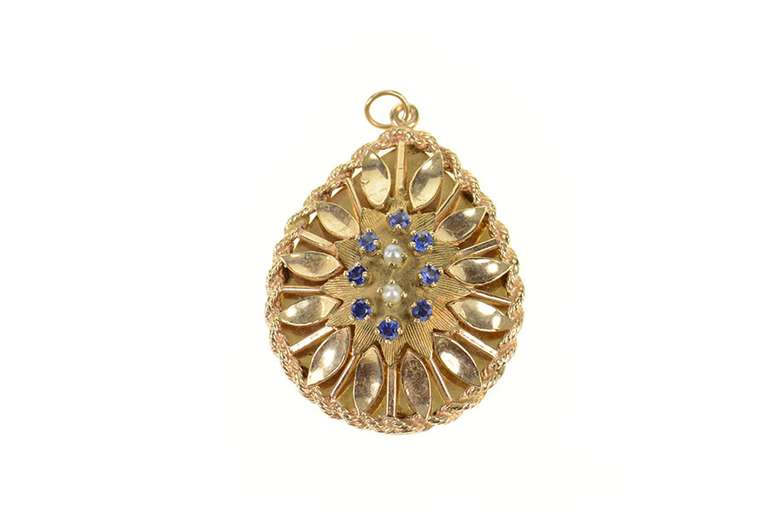 14K Yellow Gold 1960's Ornate Syn. Sapphire Pearl Tear Drop Pendant