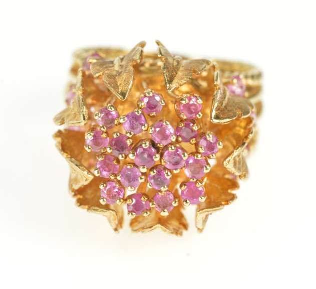 14K Yellow Gold Ruby Encrusted Ornate Leaf Cocktail Huge Ring