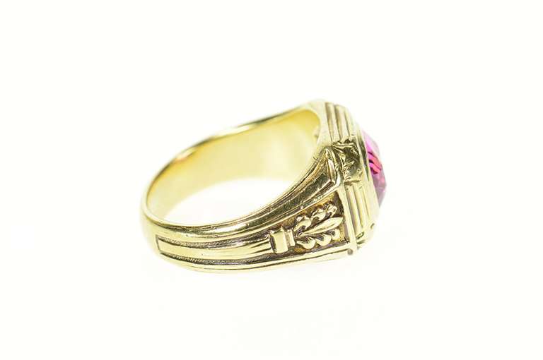 14K Yellow Gold 1930's Syn. Pink Sapphire Ornate Men's Ring