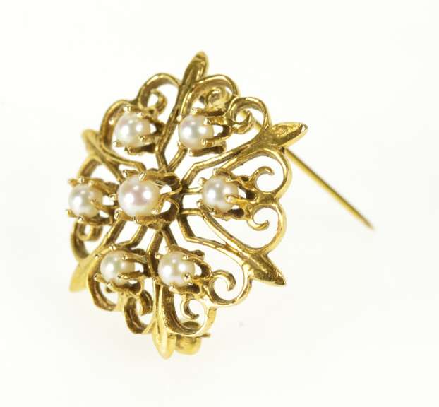 14K Yellow Gold 1950's Scroll Filigree Pearl Statement Pin/Brooch