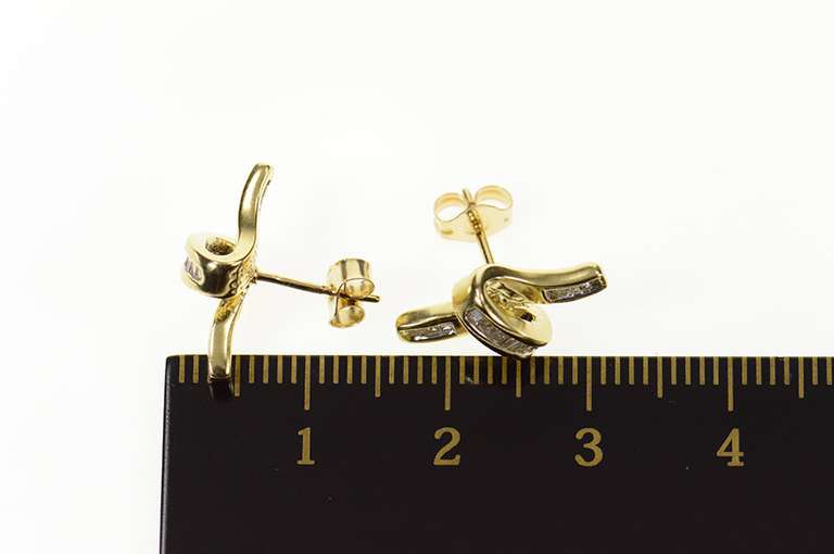 14K Yellow Gold Wavy Twist Baguette Diamond Loop Stud Earrings