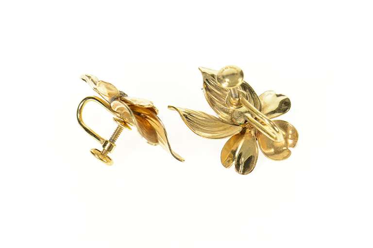 Gold Filled Ornate Dogwood Flower Retro Screw Back Earrings