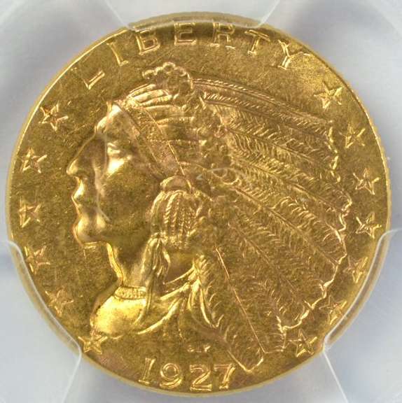 Near Mint 1927 US $2.50 Indian Gold Piece. PCGS AU55