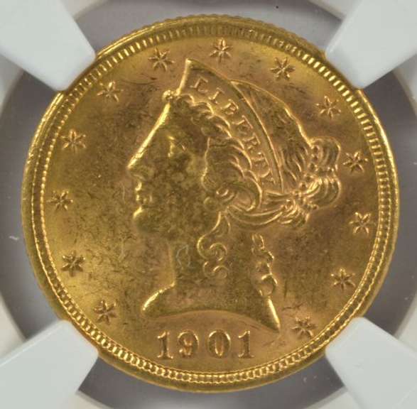 Super Choice BU 1901 $5 Liberty Gold Piece. NGC MS62