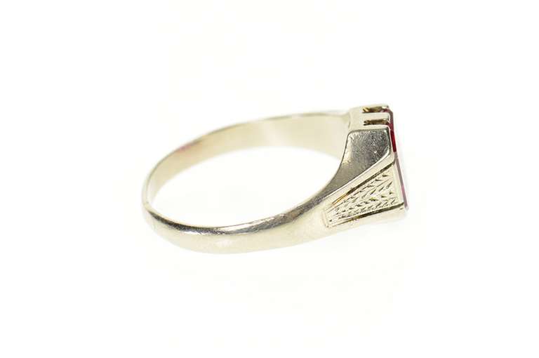 14K White Gold Art Deco Knights of Pythias Syn. Ruby Men's Ring