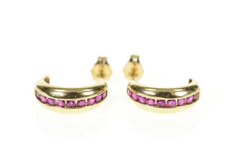 14K Yellow Gold Ruby Channel Inset Statement Semi Hoop Earrings