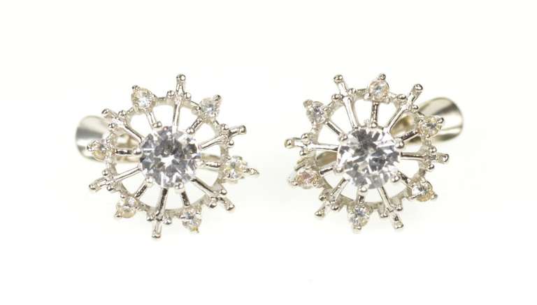 18K White Gold Cubic Zirconia Retro Halo Burst Snowflake Earrings