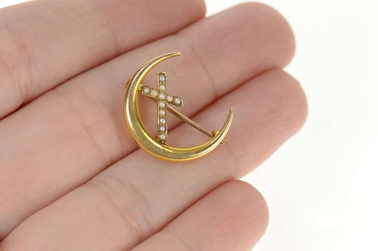 10K Yellow Gold Seed Pearl Cross Crescent Moon Victorian Pin/Brooch