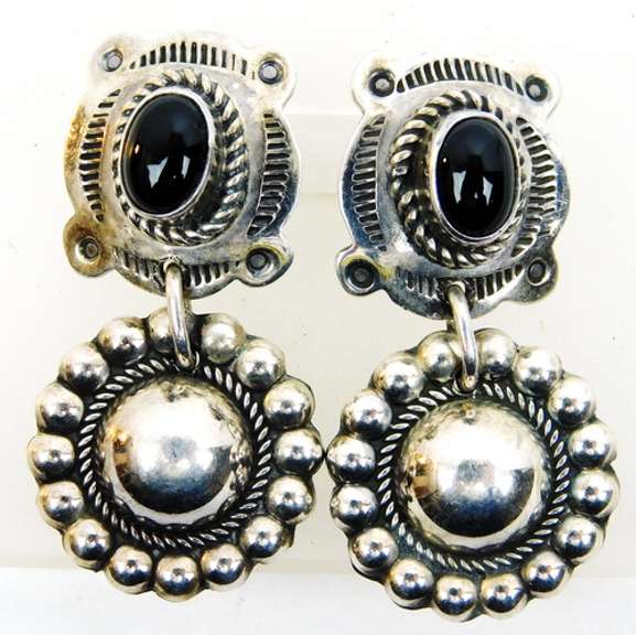 Vintage Navajo Sterling Onyx & Beadwork Dangle Earrings