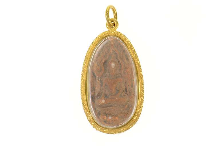 14K Yellow Gold Ornate Ancient Carved Stone Buddha Etched Pendant
