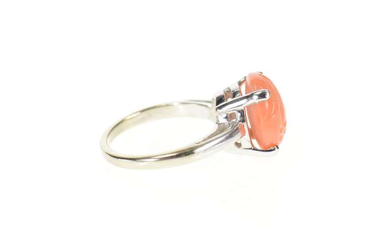 10K White Gold Retro Carved Flower Coral Cabochon Statement Ring