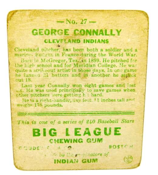 1933 George Connaly, Indians Goudey Gum Baseball Card