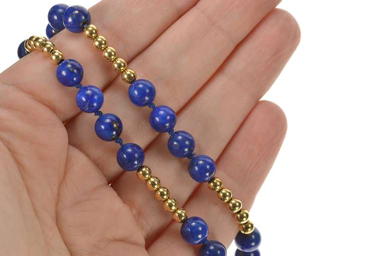 14K Yellow Gold Retro Lapis Lazuli Round Beaded Statement Necklace