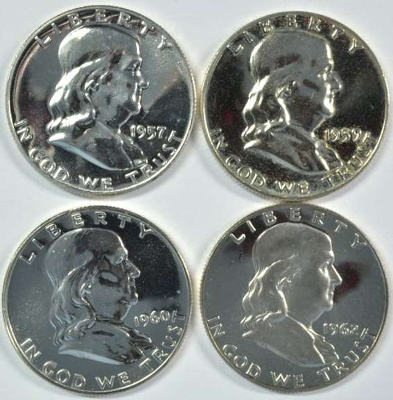 1957, 1959, 1960, & 1962 Gem Proof Franklin Halves