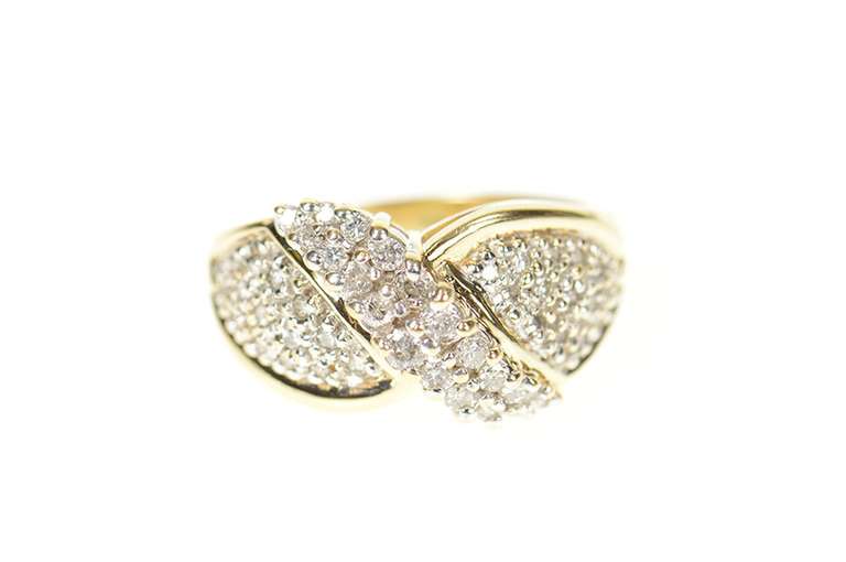 14K Yellow Gold Pave Diamond Encrusted Criss Cross Statement Ring