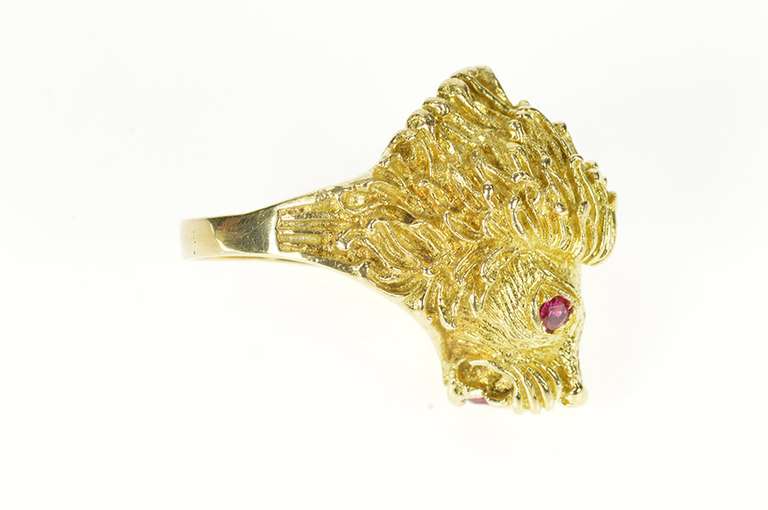 14K Yellow Gold 1960's Ornate Ruby Lion Statement Men's Ring