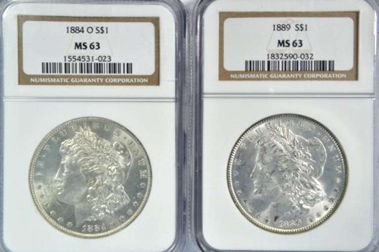 Choice BU 1884-O & 1889 Morgan Silver Dollars. NGC MS63